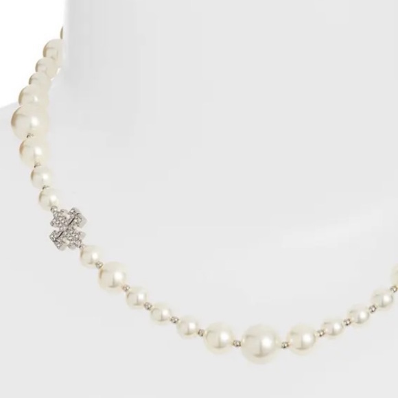 NWT Authentic classic rare Tory Burch Pearl Crystal Short Necklace - Picture 1 of 16
